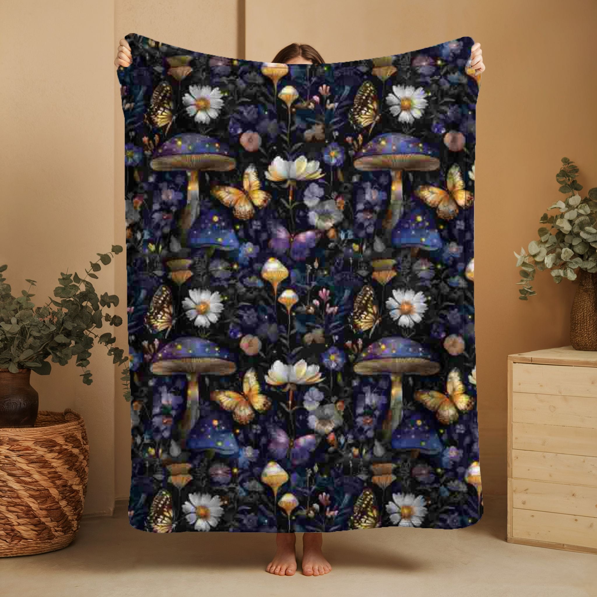 Gothic Fleece Blanket - Enchanted Mushrooms  - Luxury Twin / Double Velveteen Fleece Blanket