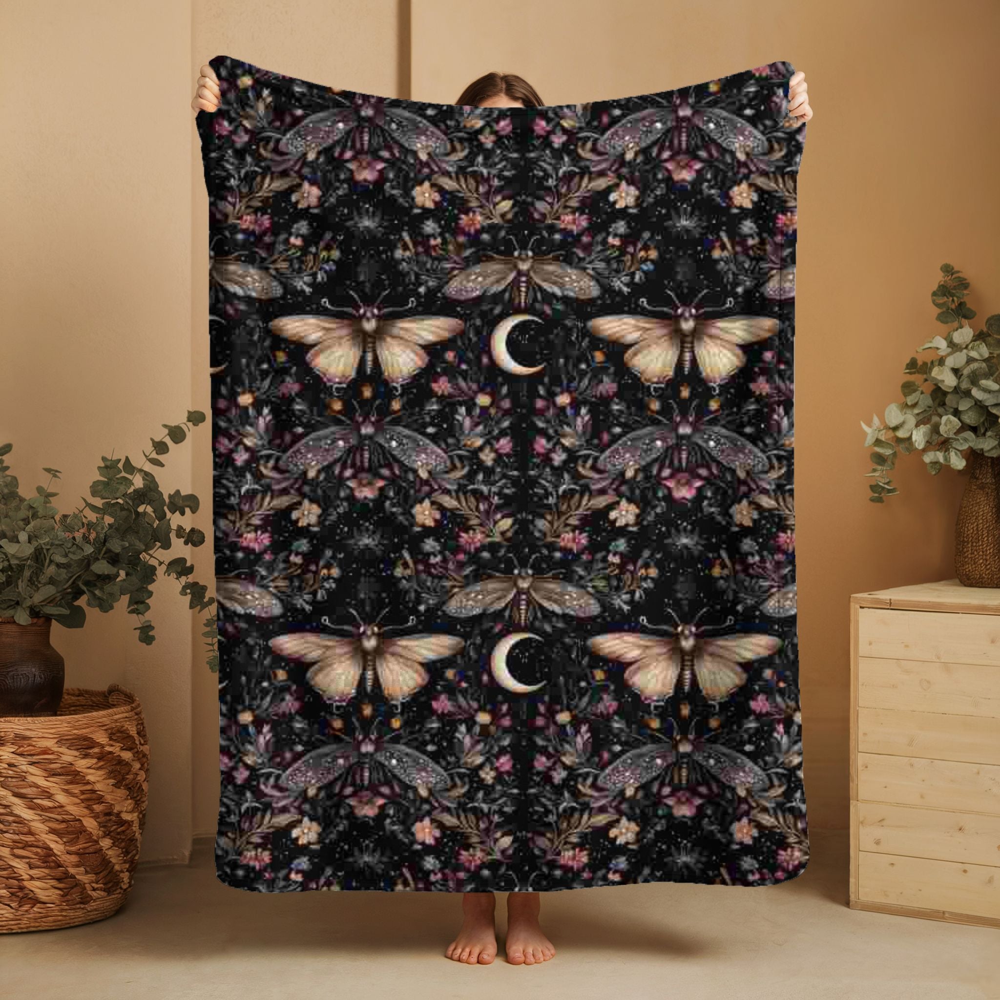 Gothic Fleece Blanket - Moth Moon - Luxury Twin / Double Velveteen Fleece Blanket